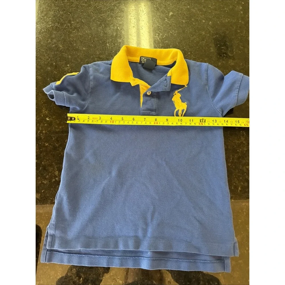 Ralph Lauren Polo Big Polo Shirt Blue Yellow Sz 5 Boys Preppy Spring 3 On Sleeve